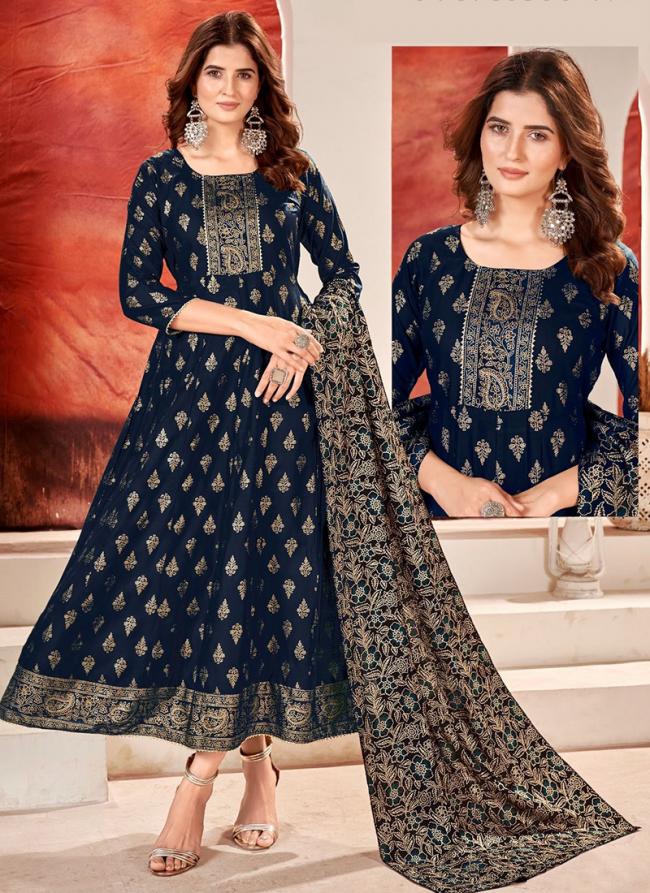 Rayon Navy Blue Casual Wear Foil Printed Gown With Dupatta